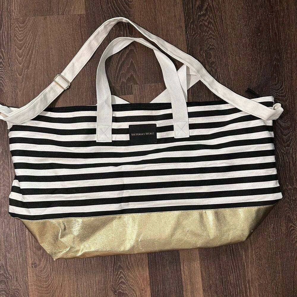 Victorias Secret Signature Lg Striped Foil Weekender Getaway Duffle Bag Tote